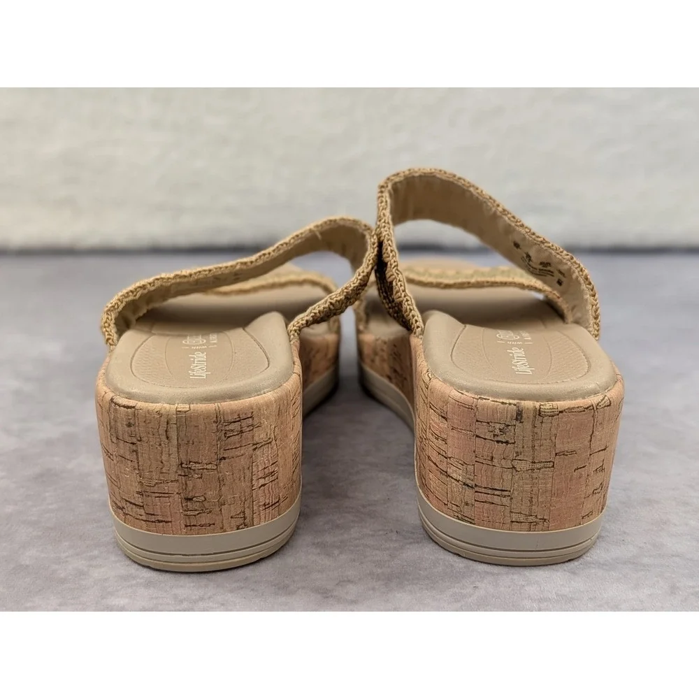 LifeStride BZees Air Step Resort Gold Metallic Cork Wedge Sandals Womens 9M